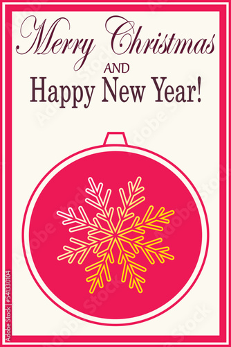 Greeting card with copy space. Red Christmas ornament with golden snowflake. Vector illustration.
