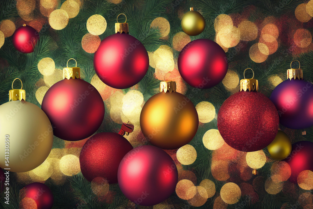 Red, white, yellow, blue Christmas balls hanging near, decorations. New Year's holiday holiday, Red, white, yellow, blue Christmas balls hanging near, decorations. New Year's holiday holiday,