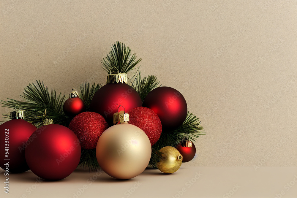 Christmas background, balls of red, white, yellow lying near New Year's holiday