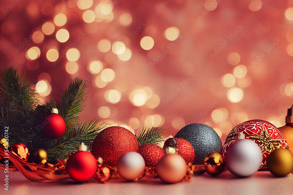 Christmas background, balls of red, white, yellow, blue lying around, decorations. New Year Holiday Christmas background, balls of red, white, yellow, blue lying around, decorations. New Year Holiday