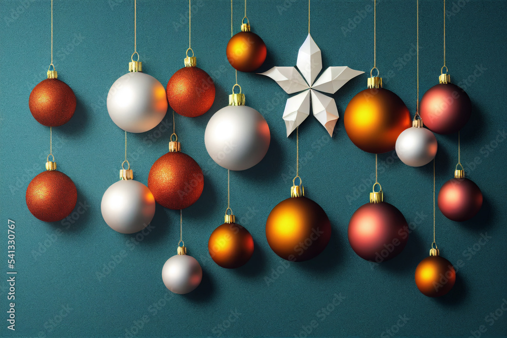 Christmas balls red, white, yellow balls. New Year's holiday decorations, festive ball hanging Christmas balls red, white, yellow balls. New Year's holiday decorations, festive ball hanging