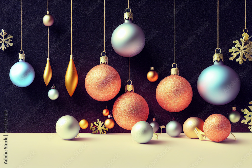 Fototapeta premium tree decorations red white yellow balls hanging lying around New Year holiday and snowflakes