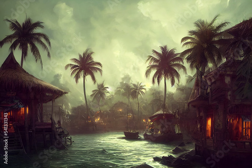 Murais de parede Beautiful pirate bay with palms and cottages.