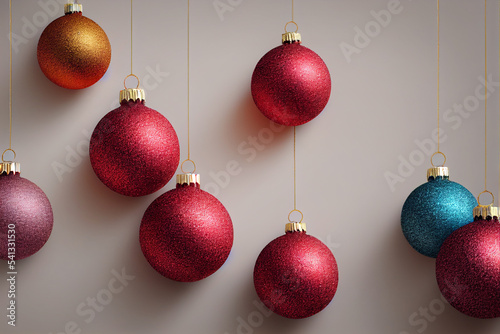 Christmas background, ball red, yellow, blue hanging near, decorations. New Year's celebration