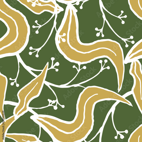 Nature seamless vector pattern with hand drawn twig, tree branch with leaves, tropical summer time. Ecological rural theme for poster print, wrapping paper, wallpaper, clothes textile, fabric design.
