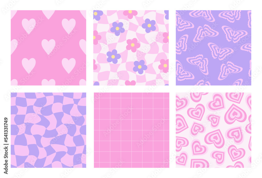 Y2k seamless patterns with butterfly, daisy, chess, mesh, heart. Set of vector backgrounds in trendy retro trippy 2000s style. Lilac, pink color. Funny girly cute texture.