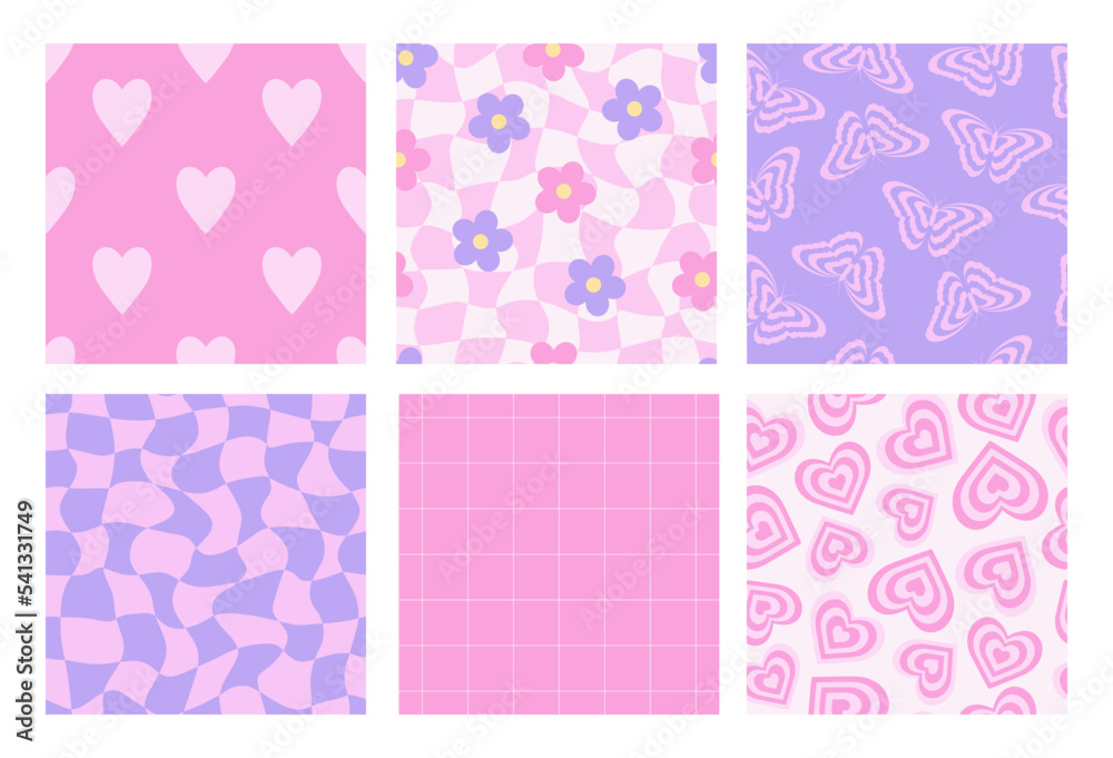 Y2k seamless patterns with butterfly, daisy, chess, mesh, heart. Set of vector backgrounds in trendy retro trippy 2000s style. Lilac, pink color. Funny girly cute texture. Y2k seamless patterns with butterfly, daisy, chess, mesh, heart. Set of vector backgrounds in trendy retro trippy 2000s style. Lilac, pink color. Funny girly cute texture.