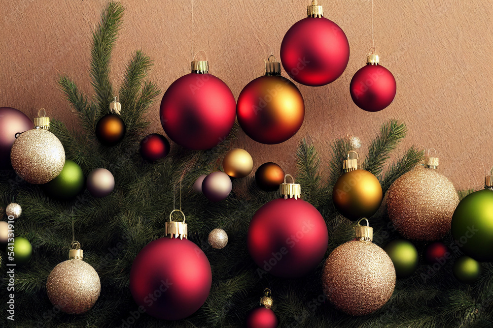 Christmas tree, red, white, yellow balls hanging. New year celebration and garland, Christmas tree, red, white, yellow balls hanging. New year celebration and garland,