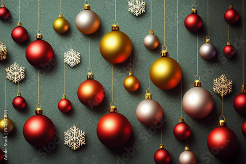 Valokuva Christmas, red, white, yellow balls hanging
