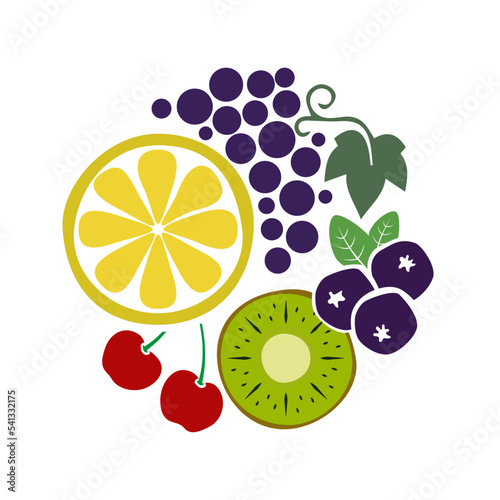 Vector logo fruits, kiwi, lemon, blueberries, cherry, grapefruit, leaf