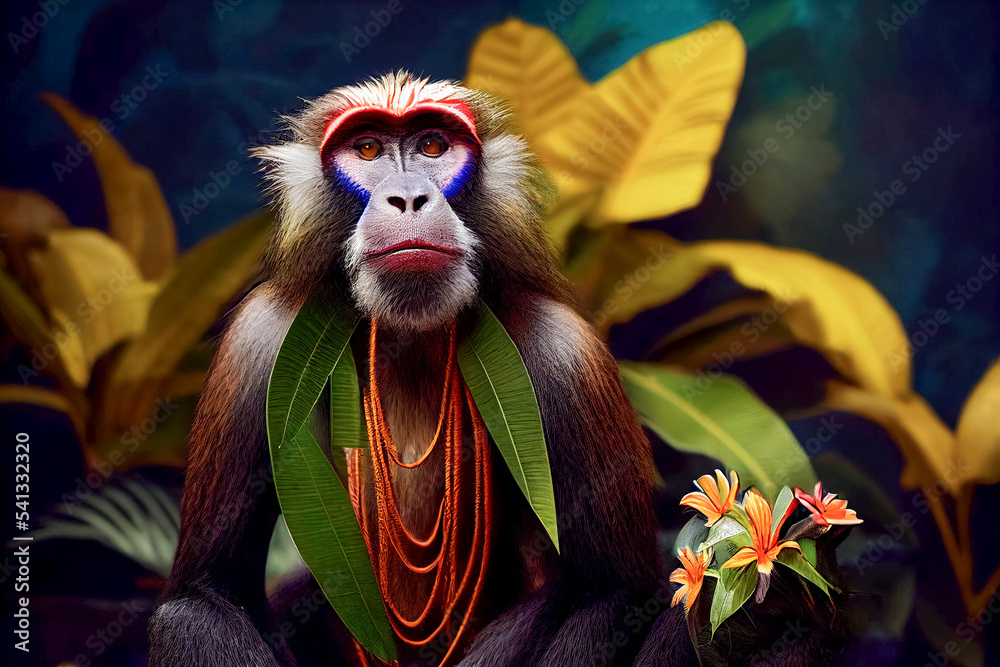 Fototapeta premium Close-up portrait of Mandrill monkey in tropical flowers and leaves. Picturesque portrait Wildlife animal. Digital illustration