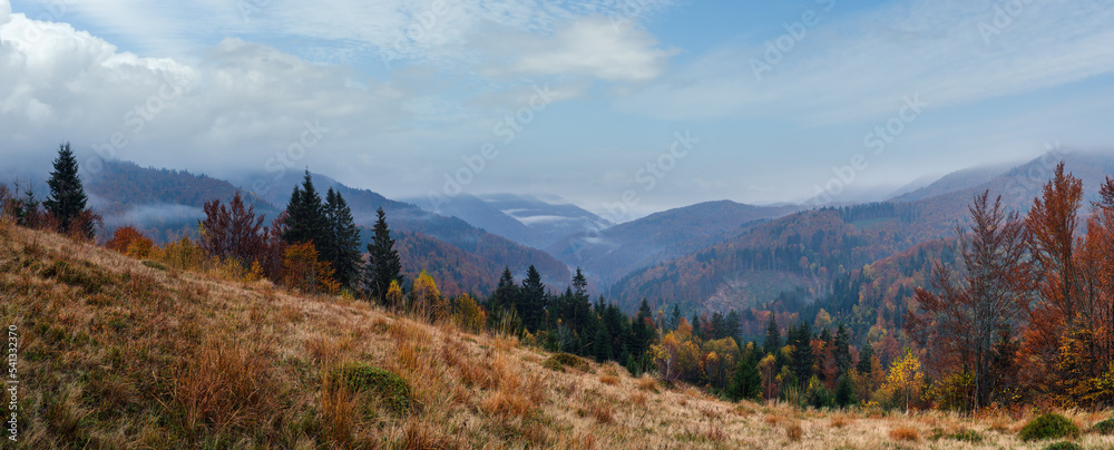 Cloudy and foggy early morning autumn mountains scene. Peaceful picturesque traveling, seasonal, nature and countryside beauty concept scene. Carpathian Mountains, Ukraine.
