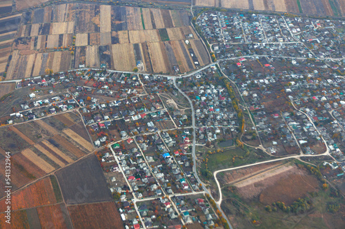 Rural settlement view from above . Flight over village 