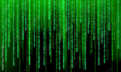 Neon binary code flowing on a black background. Digitally generated image on a computer. Virtual reality, data, coding. High quality illustration