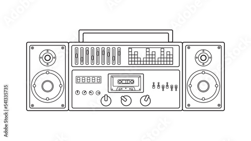Old retro vintage music cassette tape recorder with magnetic tape on reels and speakers from the 70s, 80s, 90s. Black and white icon. Vector illustration