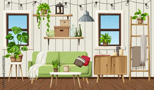 Room interior with a sofa, a dresser, a ladder, two windows, and plenty of houseplants. Cozy colorful interior. Cartoon vector illustration