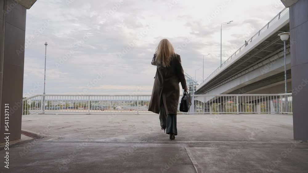Back View, Stylish Blonde Business Woman in Long Coat Goes Through Underpass. Businesswoman Looking Confident Independent Female Executive Enjoying Successful Corporate Career Walk on Urban Streets Back View, Stylish Blonde Business Woman in Long Coat Goes Through Underpass. Businesswoman Looking Confident Independent Female Executive Enjoying Successful Corporate Career Walk on Urban Streets