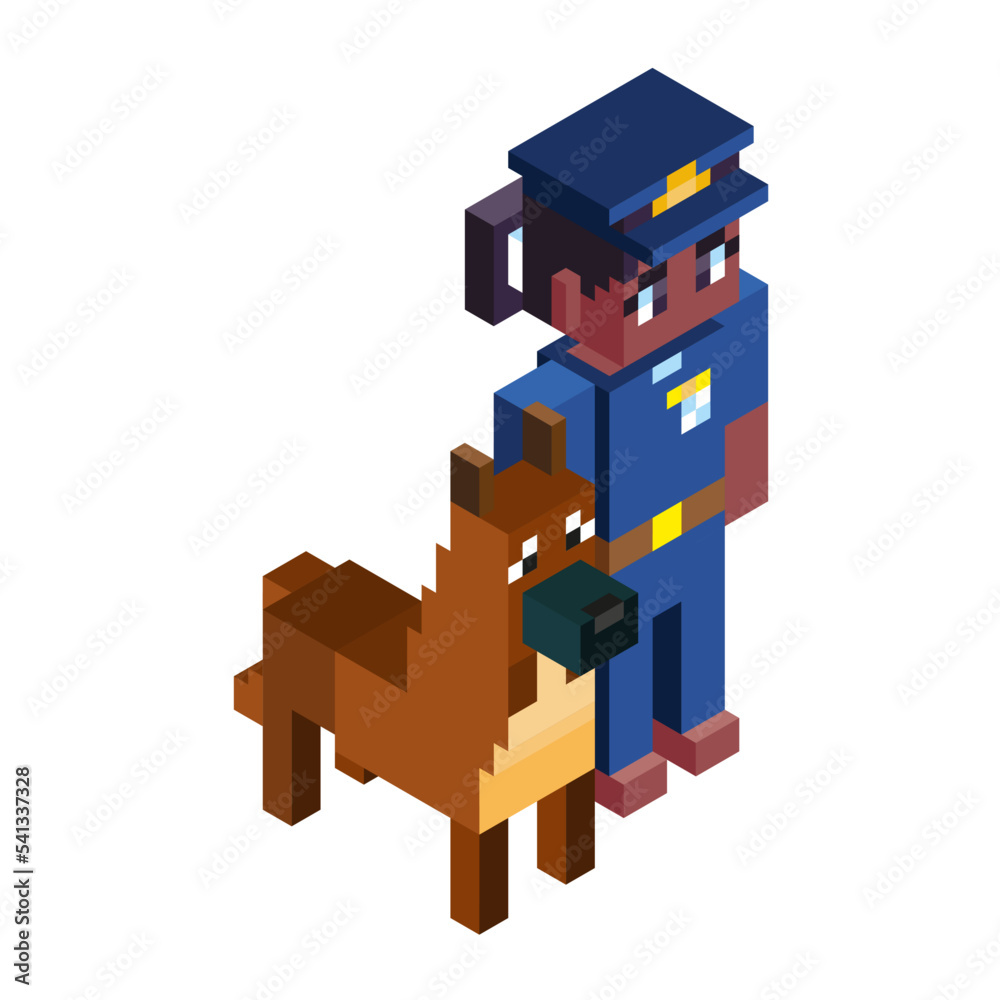 Fototapeta premium Isolated police woman dog minecraft vector illustration
