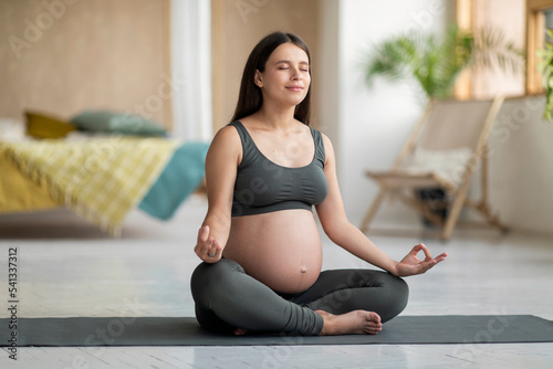 Beautiful young pregnant woman in practicing yoga in lotus position at home