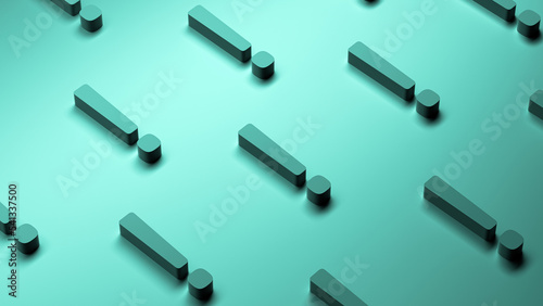 Exclamation marks green-turquoise banner, background.Exclamation marks abstract concept. 3D render.