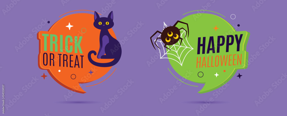Halloween Set. Trick or Treat and Happy Halloween. Witch Cat and Spider Colorful Halloween Sign. Halloween Banner on Purple Background