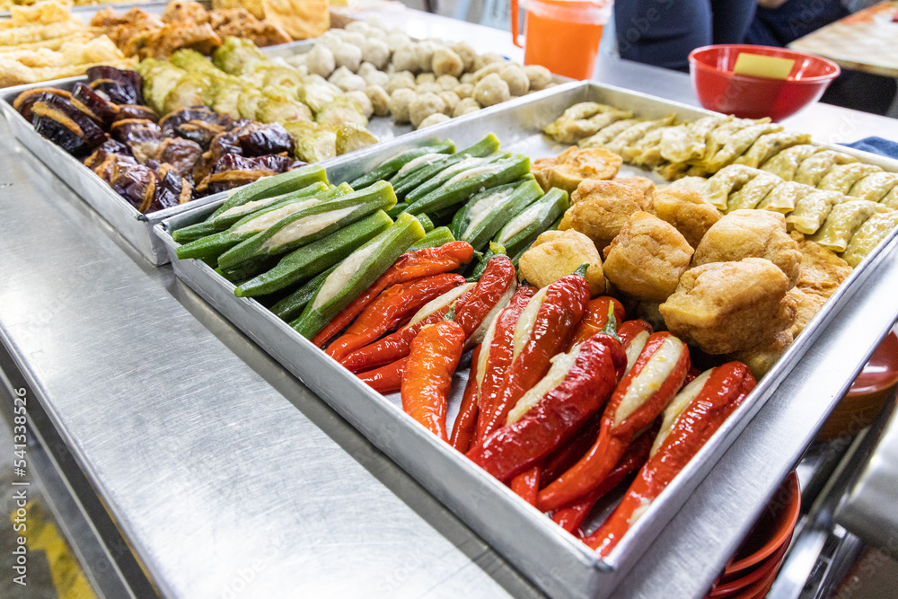 Yong tau foo, delicious fried stuffed fish paste into chilli pepper