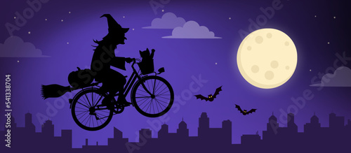 Scary witch riding a bicycle and flying