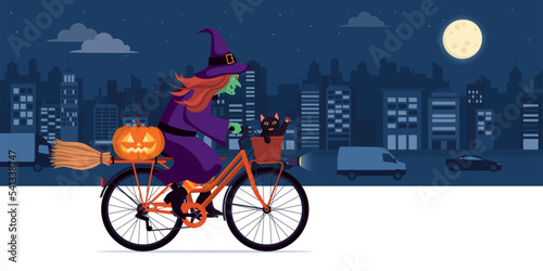 Ugly evil witch riding a bicycle