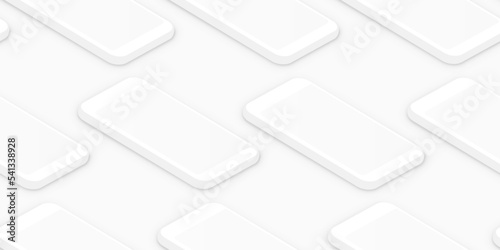 Clean white isometric smartphones. Realistic empty screen phones seamless pattern. Empty screen phone template for inserting UI interface or business presentation. Soft 3d vector design