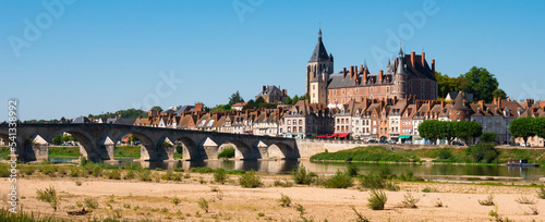 View of Gien cityscape on bank of Loire with row of townhouses along embankment, medieval renaissance castle and arched bridge across river on summer day, Loiret, France