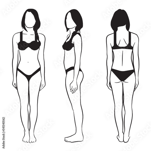 Original name(s): Illustration of normal woman wearing underwear in front, side and back poses. Vector drawing isolated on white background.