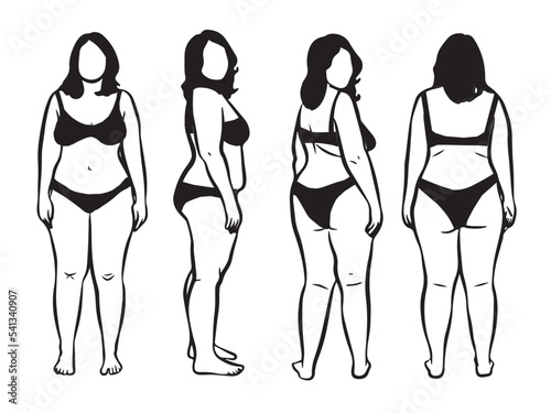  Illustration of a slightly overweight woman wearing underwear in front, side and back poses. Vector drawing isolated on white background.
