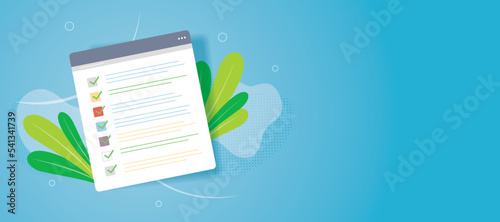 Clipboard with a checklist on a white sheet of paper. Check list, to do, questionnaire, report, feedback document concept. Checklist document icon in flat design vector.