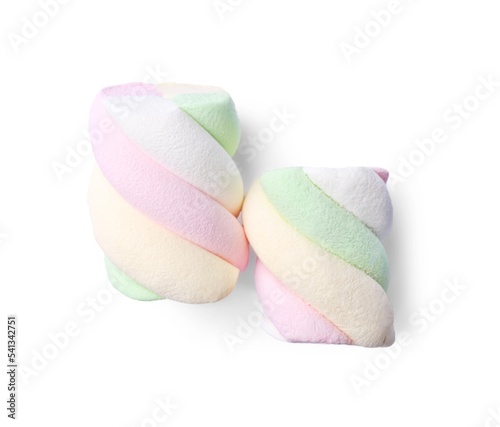 Delicious colorful marshmallows on white background, top view