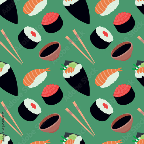 Sushi seamless pattern, vector illustration. Wrapping paper design for Asian restaurant food delivery packages. Japanese traditional food.