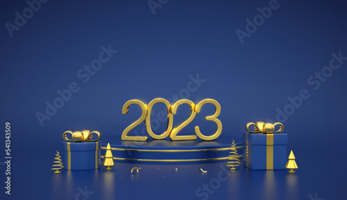 Happy New 2023 Year. 3D Golden metallic numbers 2023 on blue stage podium. Scene, round platform with gift boxes and golden metallic pine, spruce trees on blue background. Vector illustration.