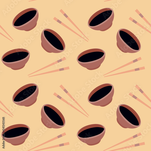 Bowl and Chopsticks seamless pattern, vector illustration. Design for Asian restaurant food delivery packages. Japanese traditional food.