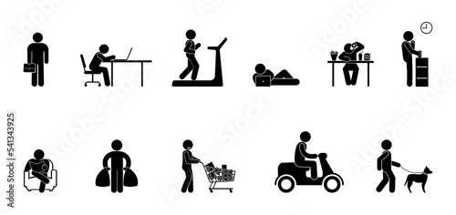 illustration of a person's daily affairs, work, leisure and household chores, stick figure icon man, people doing things