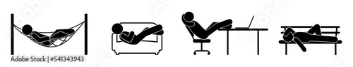 human rest illustration, people sleep in hammock, sofa, bench and desktop, stick figure icons, human silhouettes set