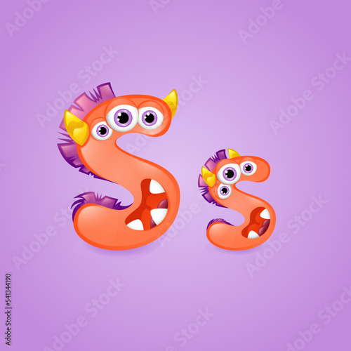 Monster alphabet letter S on purple background. Colourful ABC of cute monsters . Vector illustration