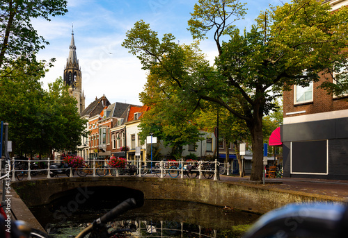 Summer landscape of city streets in Delft, located in the province of South Holland, Netherlands
