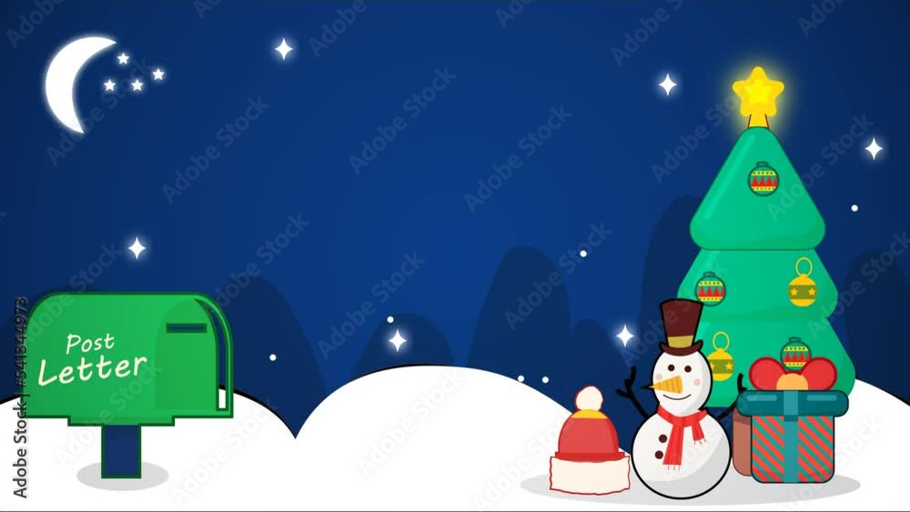 videos Cartoon animation christmas background with rain snow and snowman, gift, and tree night scene separated layers for game and animation videos Cartoon animation christmas background with rain snow and snowman, gift, and tree night scene separated layers for game and animation