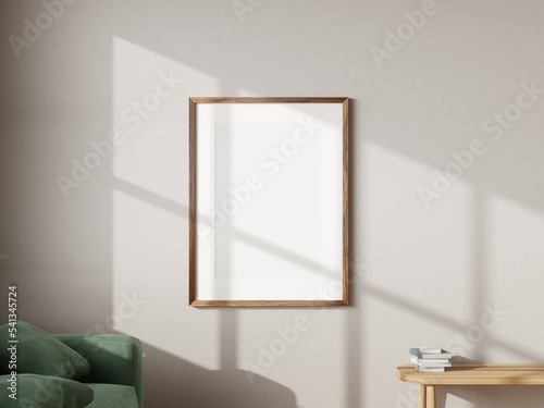 Vertical wood frame mockup in living room interior with window light shadow. 3d rendering, 3d illustration