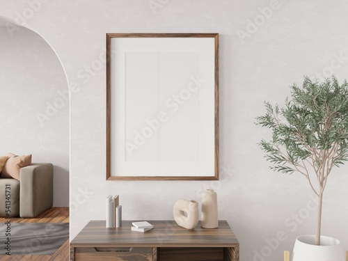 Vertical frame mockup in living room interior. 3d rendering, 3d illustration