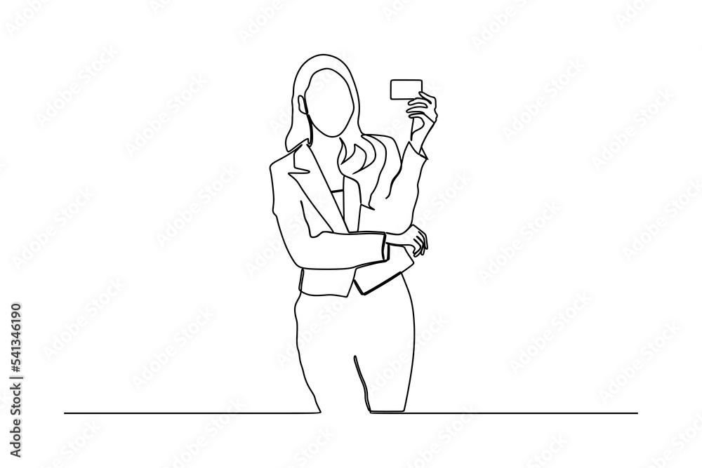 continuous line drawing of Portrait beautiful young asian woman smile with credit card