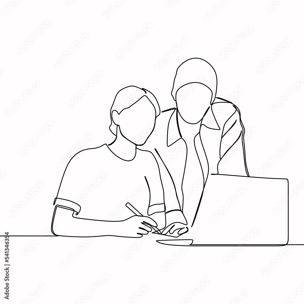 continuous line drawing of businessman giving construction to his colleague continuous line drawing of businessman giving construction to his colleague