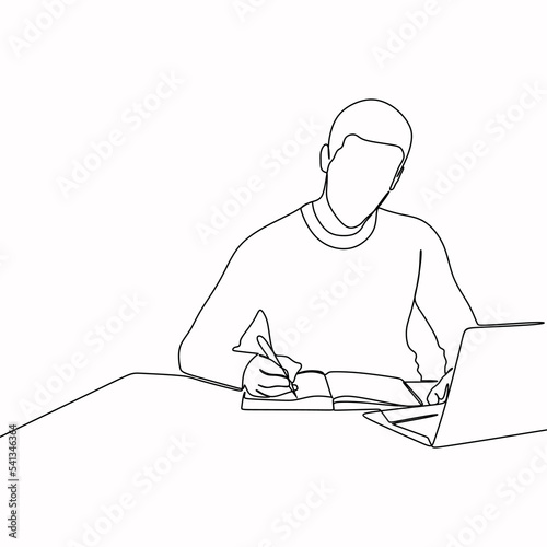 continuous line drawing of thoughtful businessman sitting at the office desk, writing