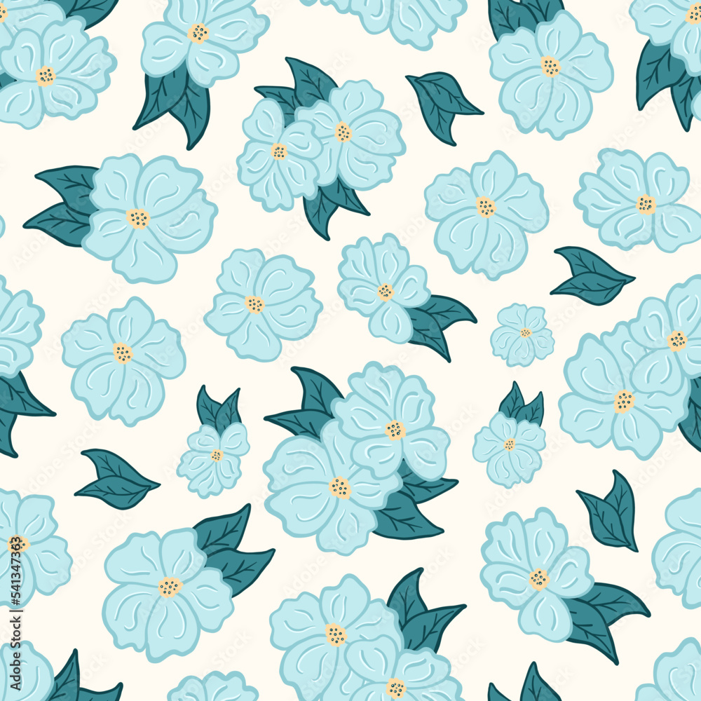 seamless pattern on a light background blue flowers with leaves