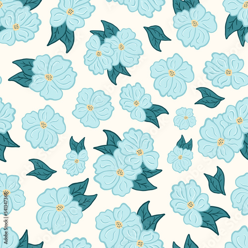 seamless pattern on a light background blue flowers with leaves