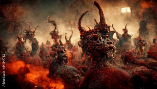 Print op canvas Hell illustration. Demons burn in lava